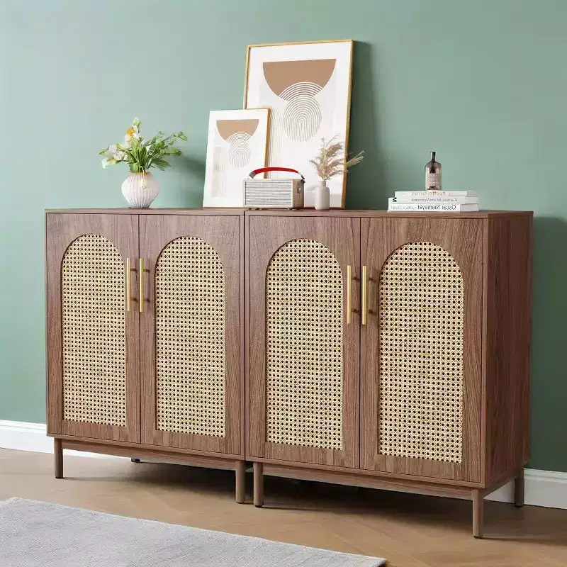 Sideboard Buffet Set of 2, Accent Rattan Storage Cabinet with DoorsBrwo