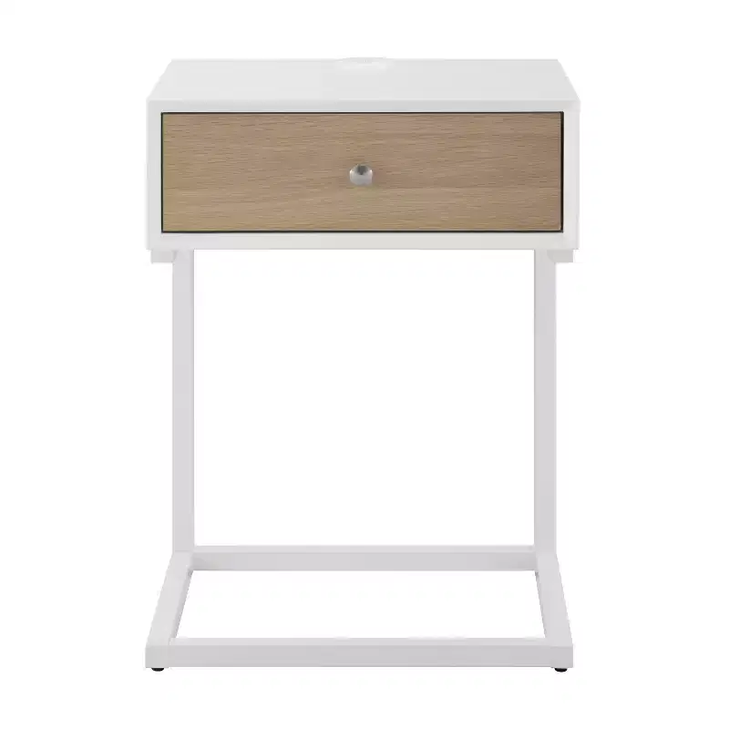 HomeRoots 25 White and Natural Wood and Steel End Table With Drawer And USB Port
