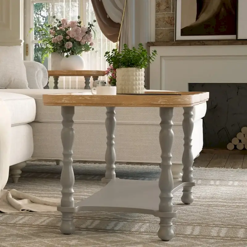 French Farmhouse Coffee Table with Natural Tray Top and Shelf
