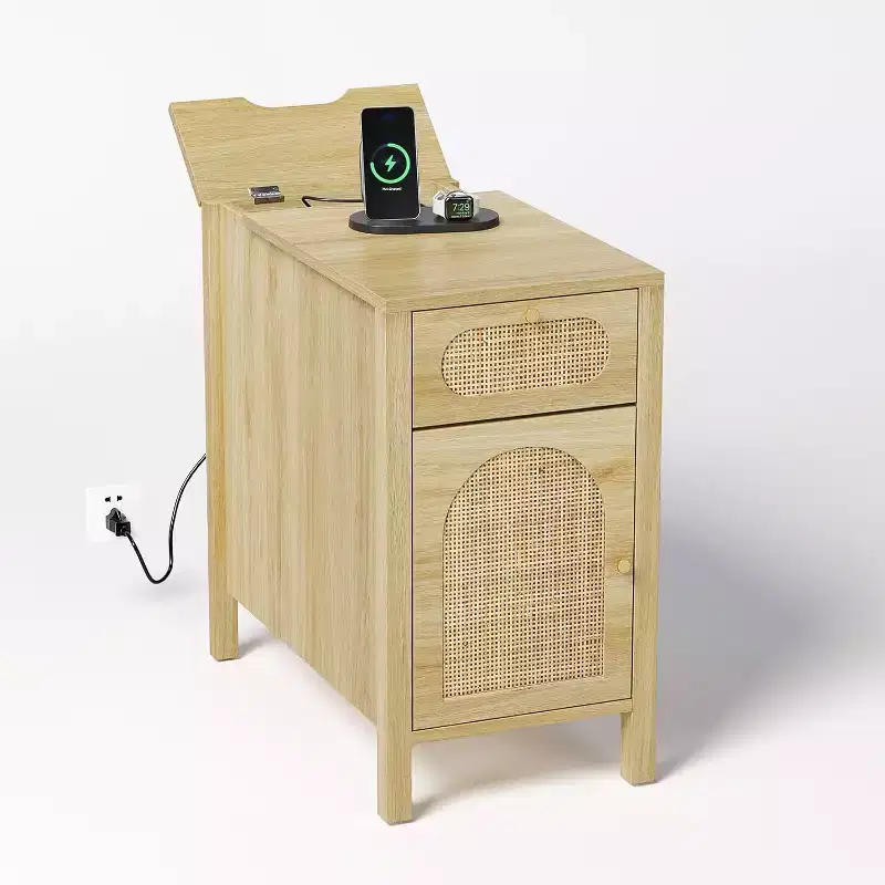 VINGLI Side Table with Charging Station, Rattan Night Stand with Drawers, Narrow End Table with Cabinet for Living Room, Bedroom, Oak