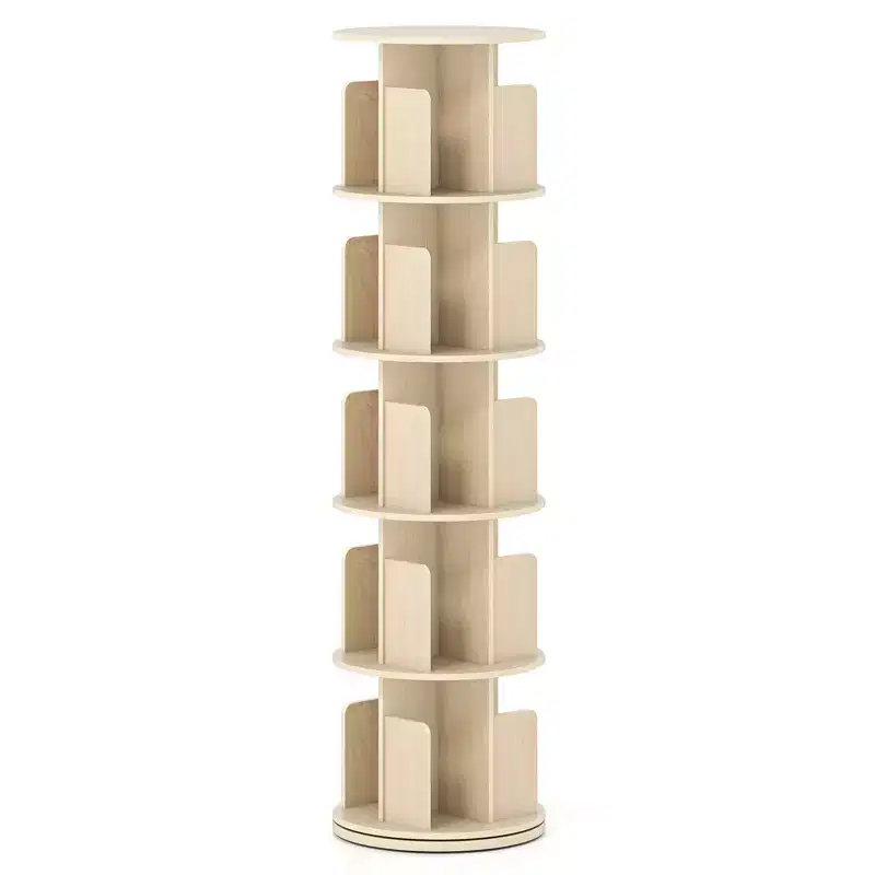 Costway 1/2 PCS 5-Tier Rotating Bookshelf 360 Display Rack with Dividers & Anti-falling Baffles Natural/White