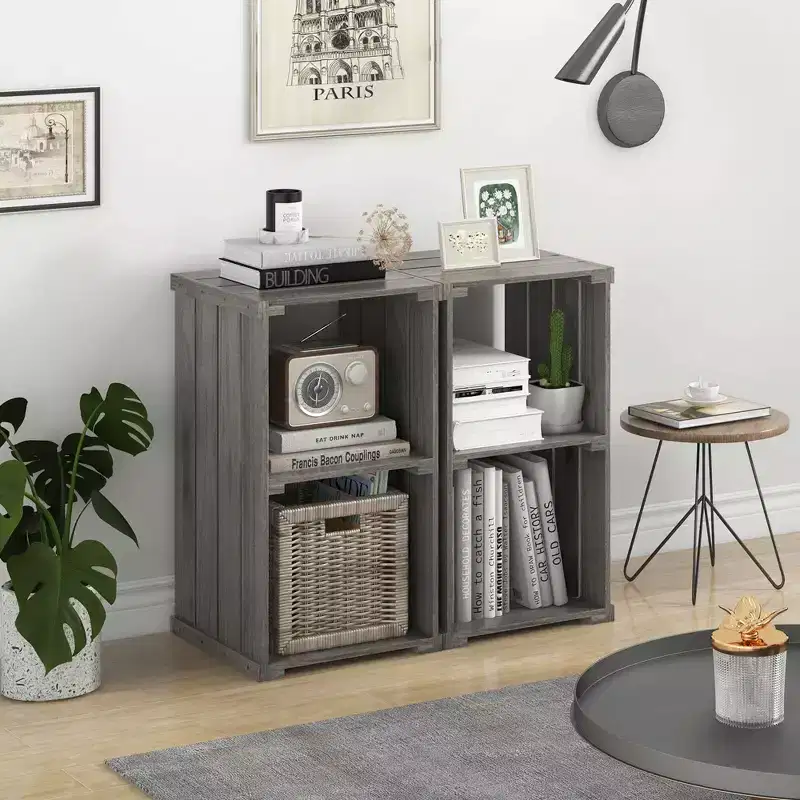 1/2 PCS 2-Cube Storage Shelf Slatted Paulownia Wood Cubic Organizer with Open Back Gray