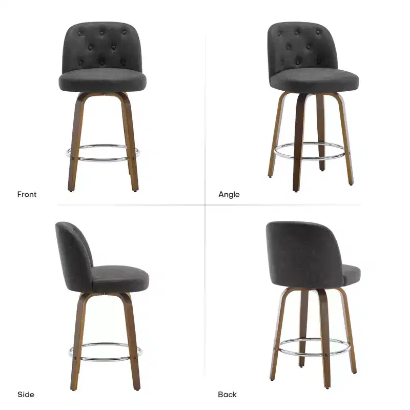 29 Swivel Upholstered Bar Stools, Leather Cushion Seat & Button-tufted Back Design with Bentwood Legs, Dark Grey