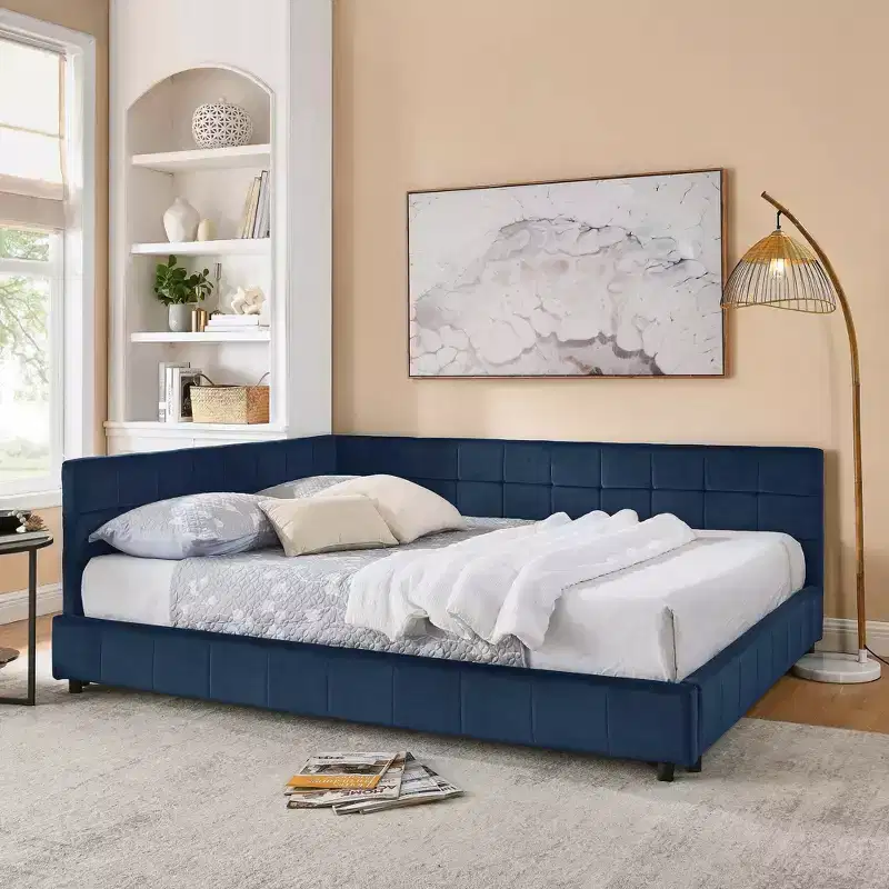 MAYEERTY Queen Size Upholstered Tufted Bed Frame with Backrest and Armrests Velvet for Bedroom Blue