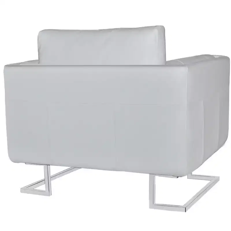 XL Scandinavian-Modern Cube Armchair, White Leather Upholstered, Solid Wooden Frame with Chrome Feet - White