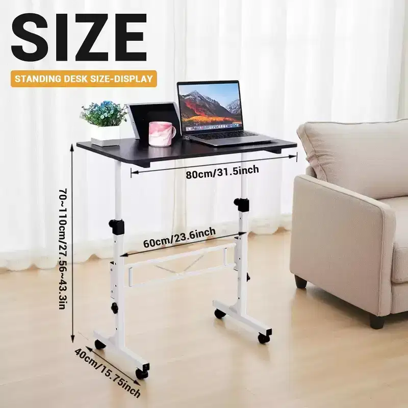 Mobile Standing Computer Desk with Wheels, Portable Laptop Table, Adjustable Height Range 31-43in for Home Office Bedside Classroom, 32*16in