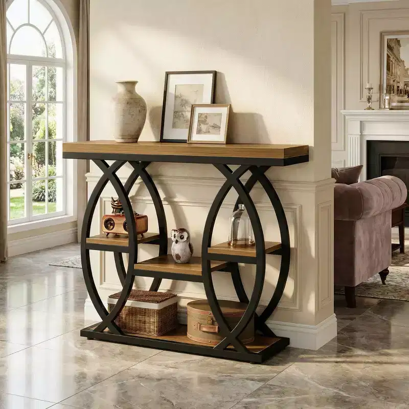 Industrial 4-Tier End Table with Geometric Metal Frame for Living Room