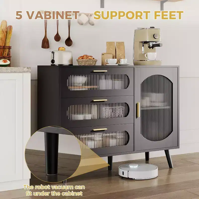 COZONY Sideboard Buffet Cabinet with Fluted Glass Doors, Modern Storage Cabinet with Drawers for Dining Room, Kitchen, and Entryway Organization