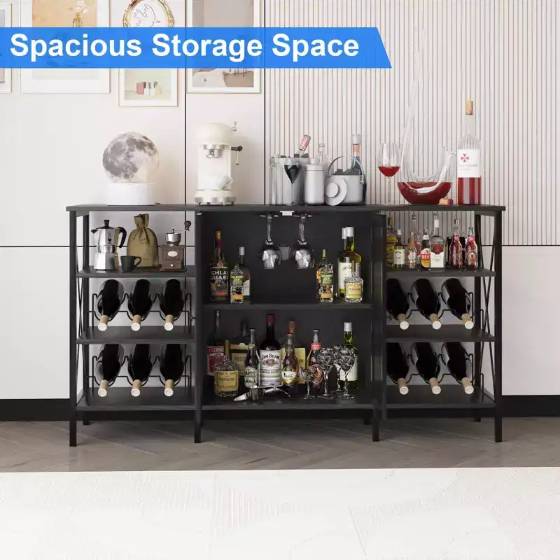 Farmhouse Wine Bar Cabinet, Industrial Coffee Bar Sideboard with Wine Rack and Glass Holder