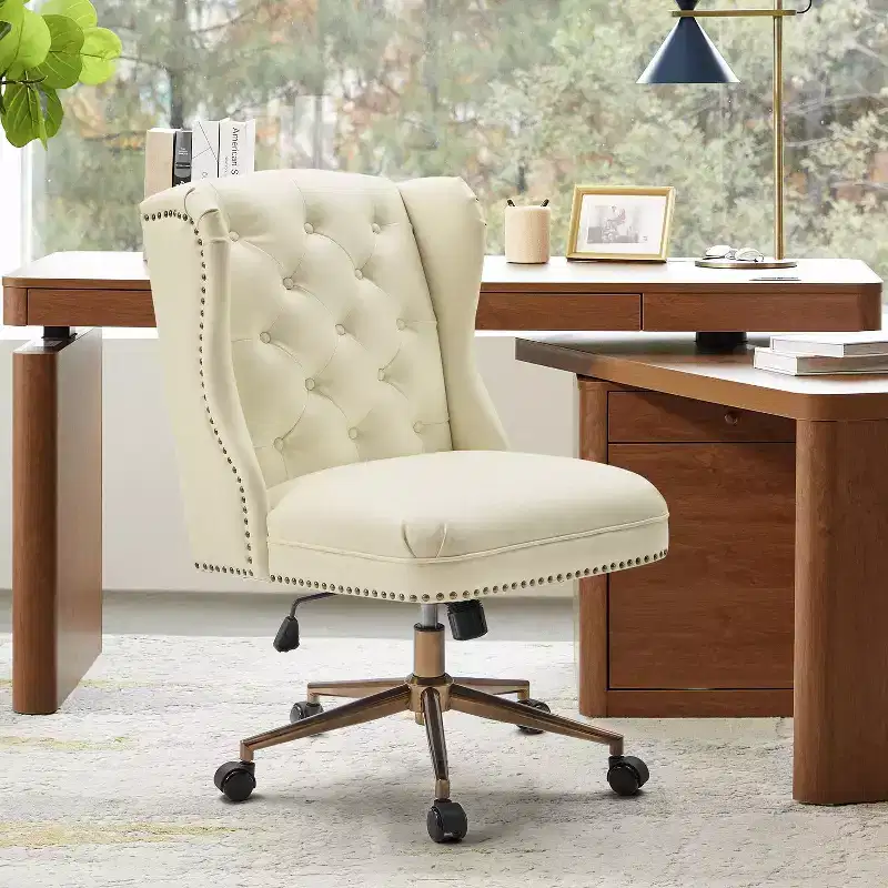 Hazel Traditional Faux Leather Wingback Office Chair — Tufted, Bronze Nailhead, Camel