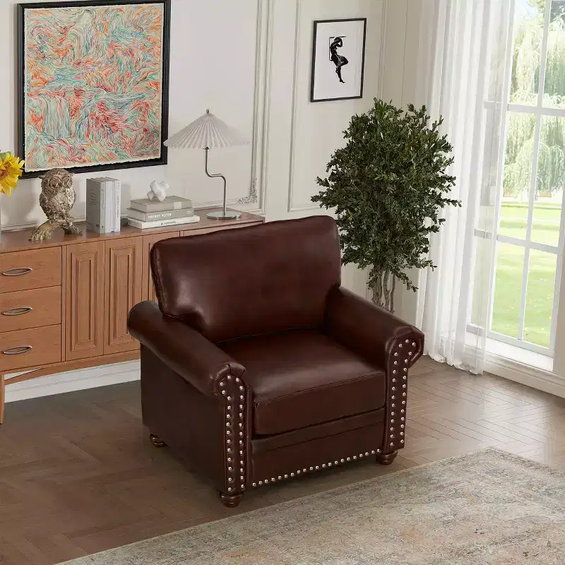 Comfortable High-Elastic Sponge Chair with PU Leather & Silver Nail Detail, Burgundy