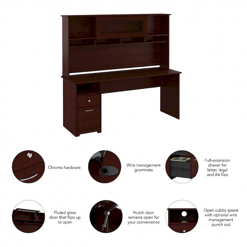 72W Computer Desk with Hutch and Drawers by