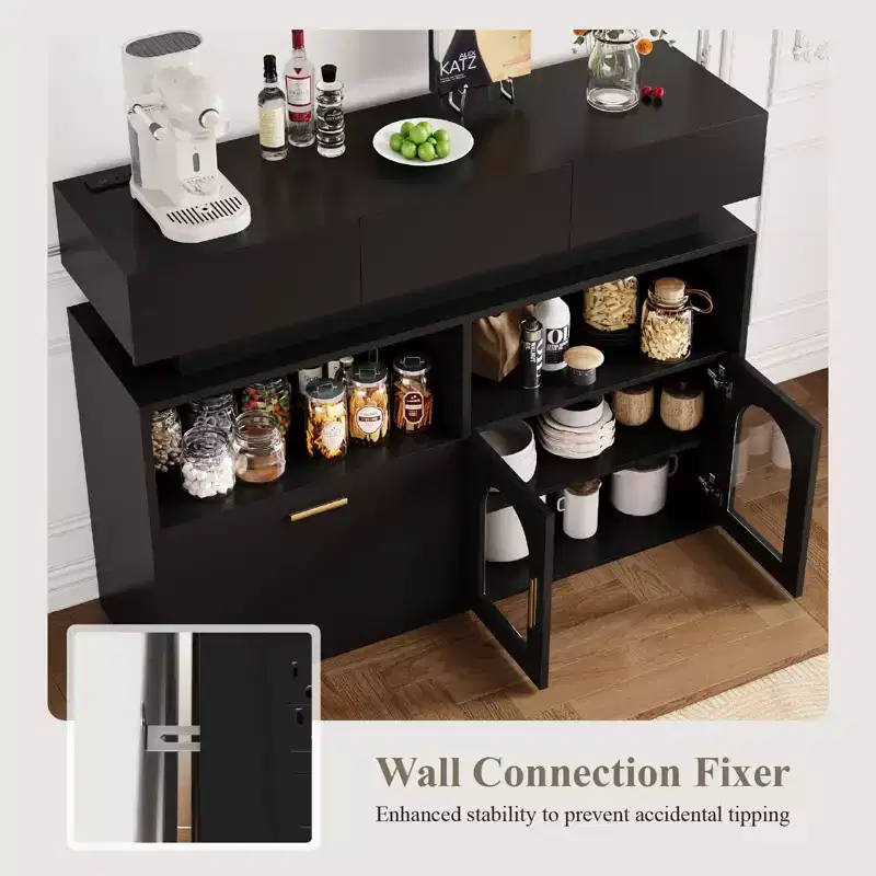 COZONY 55 Coffee Bar Cabinet with 3 Drawers & Charging Station, Kitchen Sideboard Buffet with Adjustable Shelf