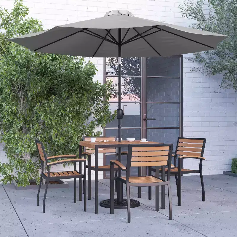 Merrick Lane Seven Piece Faux Teak Patio Dining Set Includes Table, Four Club Chairs, 9' Patio Umbrella and Base