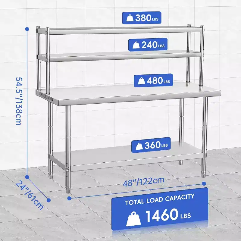 48 x 24 Inch Stainless Steel Workbench with Adjustable Shelves and Hooks