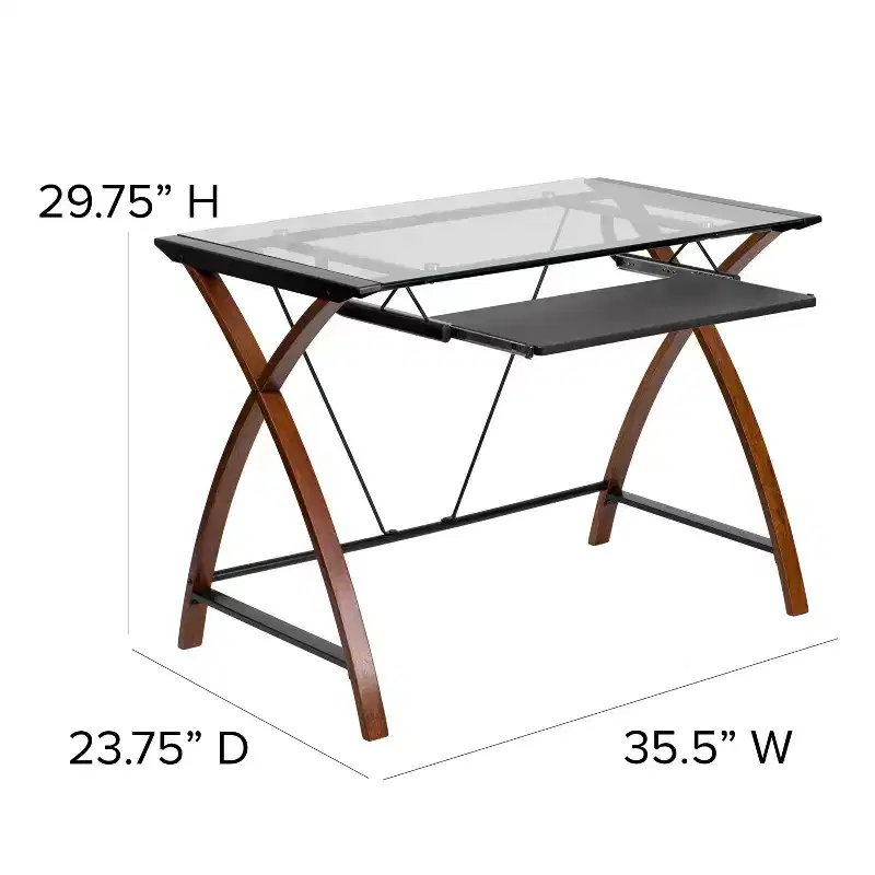 Emma and Oliver Glass Computer Desk-Pull-Out Keyboard Tray & Crisscross Frame