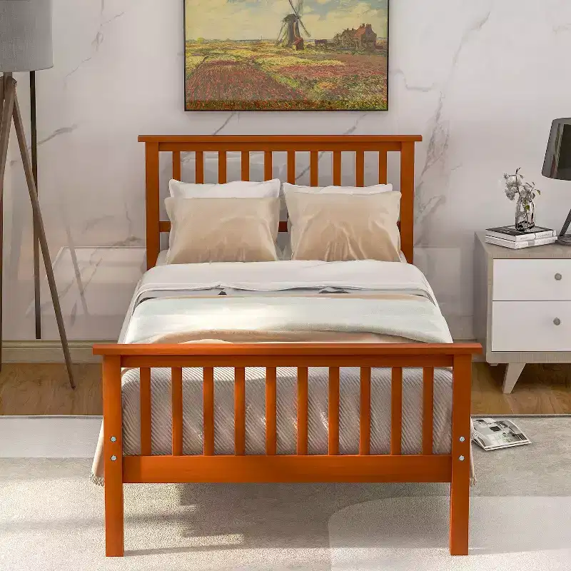 Twin Size Wood Platform Bed with Headboard and Footboard Oak