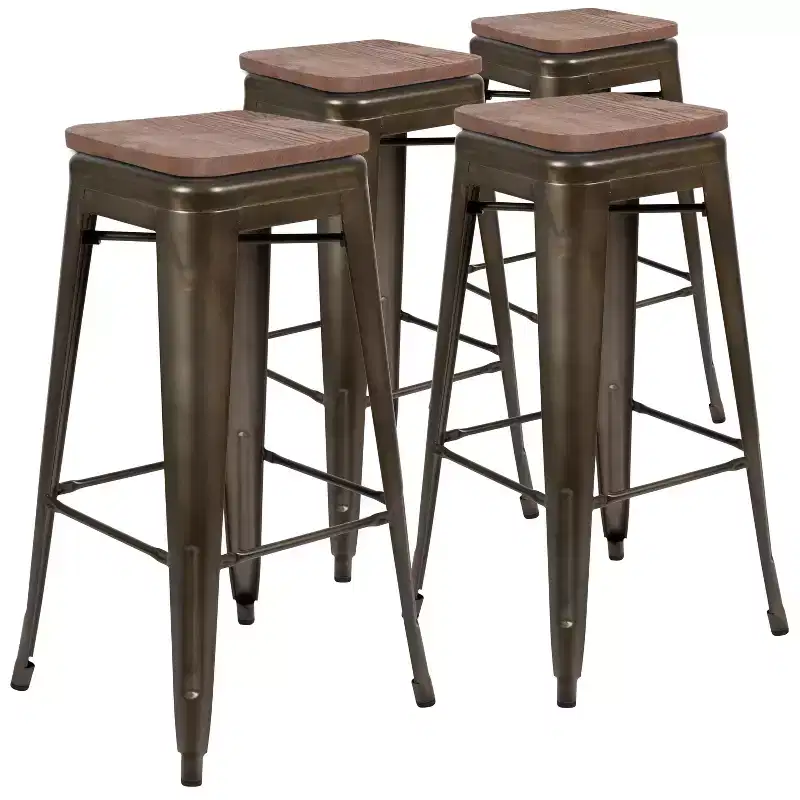 Flash Furniture 30 High Metal Indoor Bar Stool with Wood Seat - Stackable Set of 4