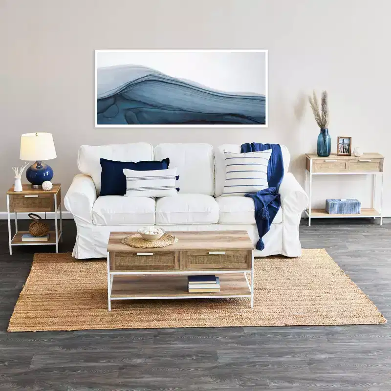 Bungalow Rectangular Console Sofa Table with Storage Shelf and 2 Drawers Coastal Oak Rustic Wood Grain Woven Front and White Metal