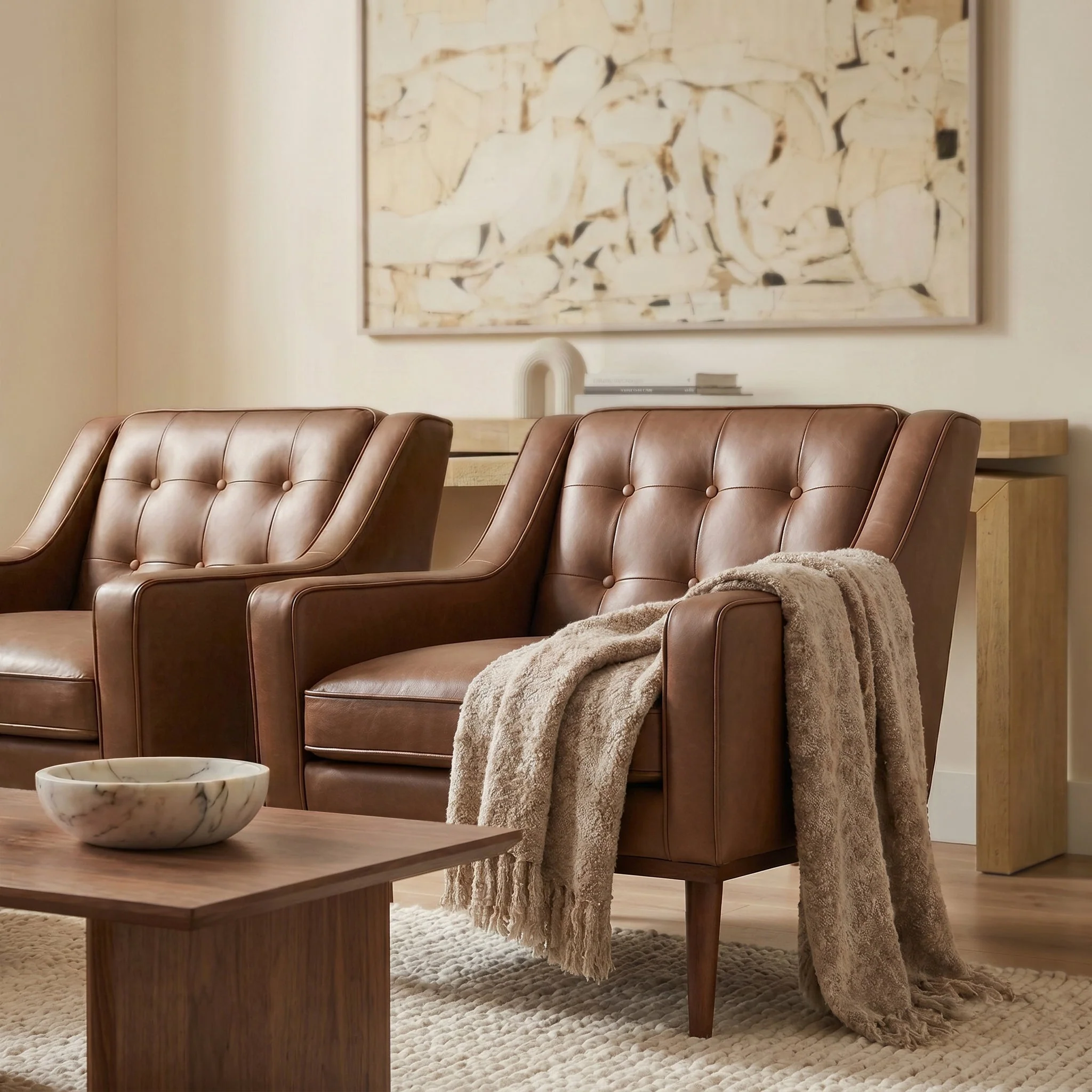 Modern Caramel Brown Leather Lounge Chair with Tufted Back