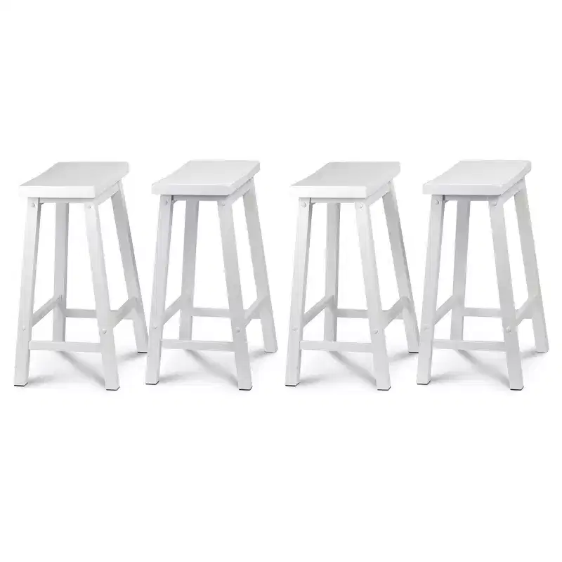 PJ Wood Classic Saddle-Seat 24 Tall Kitchen Counter Stools for Homes, Dining Spaces, and Bars w/Backless Seats, 4 Square Legs, White (4 Pack)