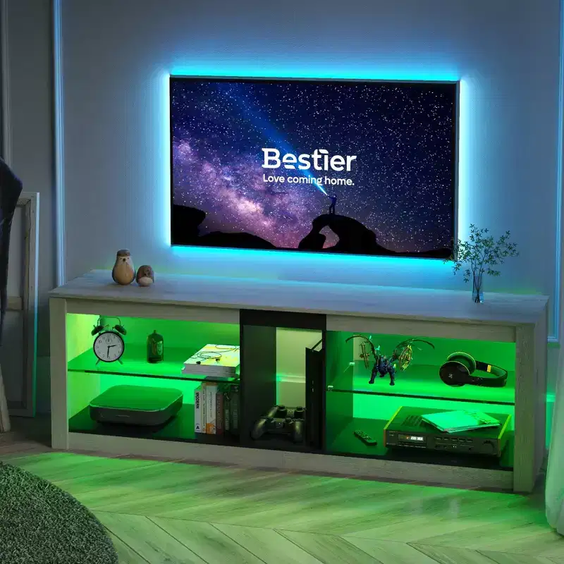 Particle Board TV Stand with Glass Shelves 18.5''H x 55.12''W x 13.78''D