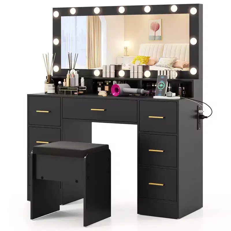 Makeup Vanity Desk with LED Mirror, Lights, Charging Station, 7 Drawers, Black/White