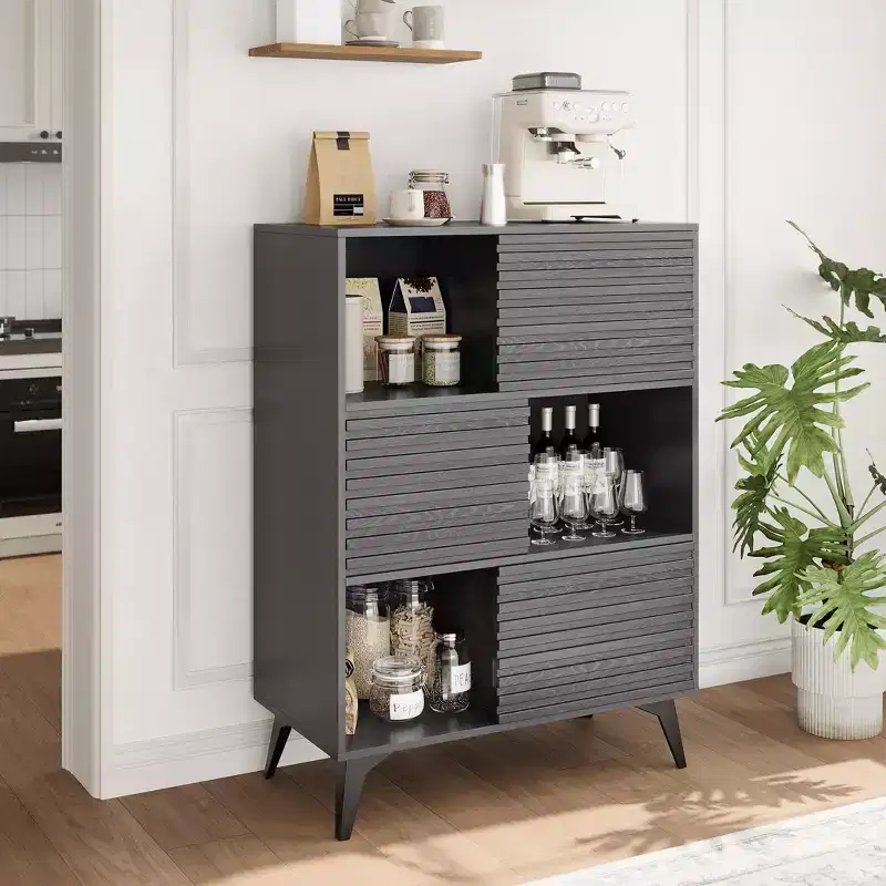 Mid-Century Modern Cabinet with Doors, 3-Tier Wooden Storage Cabinet for Living Room and Dining Room