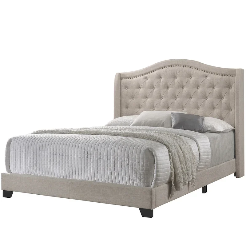 Beige Demi-Wing Button-Tufted Upholstered Bed with Nailhead Trim and Black Wood Legs – Toddler, Twin, Twin XL, Full, Queen or King