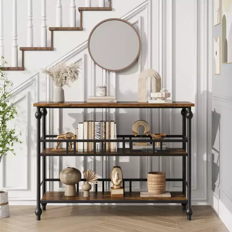 Console Table 43, 3-Tier Industrial Entryway Table, Narrow Entrance Sofa Table with Shelves