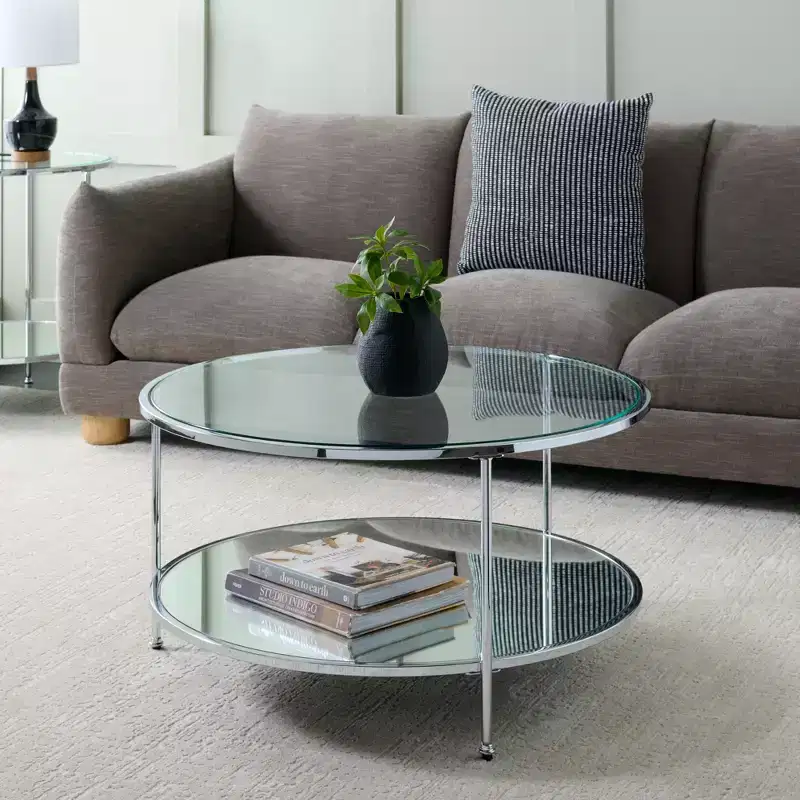 Round Glass Top Coffee Table with Mirrored Shelf - Silver