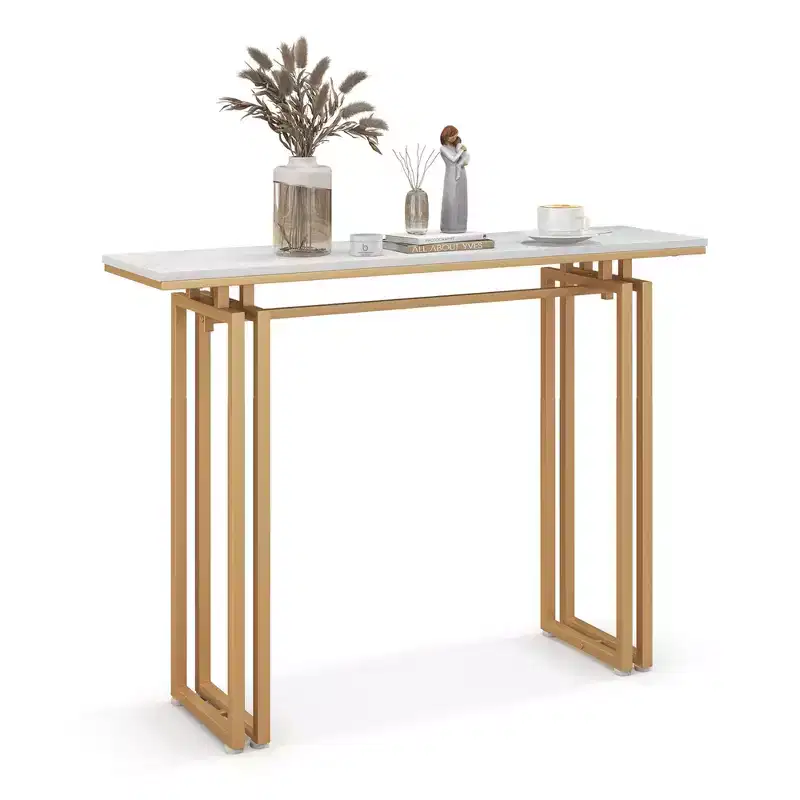 Costway 43.5'' Console Table Faux Marble Entryway Sofa Table with Metal Legs Living Room Black/Gold