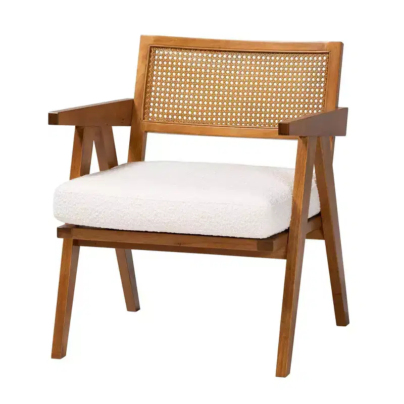 Jetsam Boucle Fabric and Wood Arm Chair Cream/Walnut Brown: Upholstered Accent Furniture