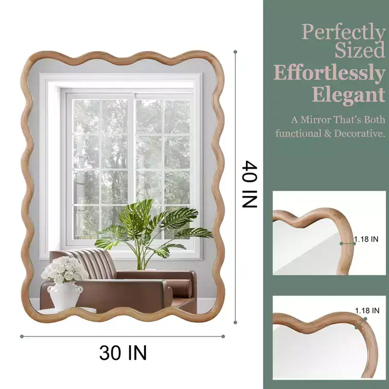 PexFix 30 x 40 Wavy Rectangle Solid Wood Frame Decorative Mirror Modern Farmhouse Wall Mirror For Bedroom Bathroom Living Room Entryway Natural Wood