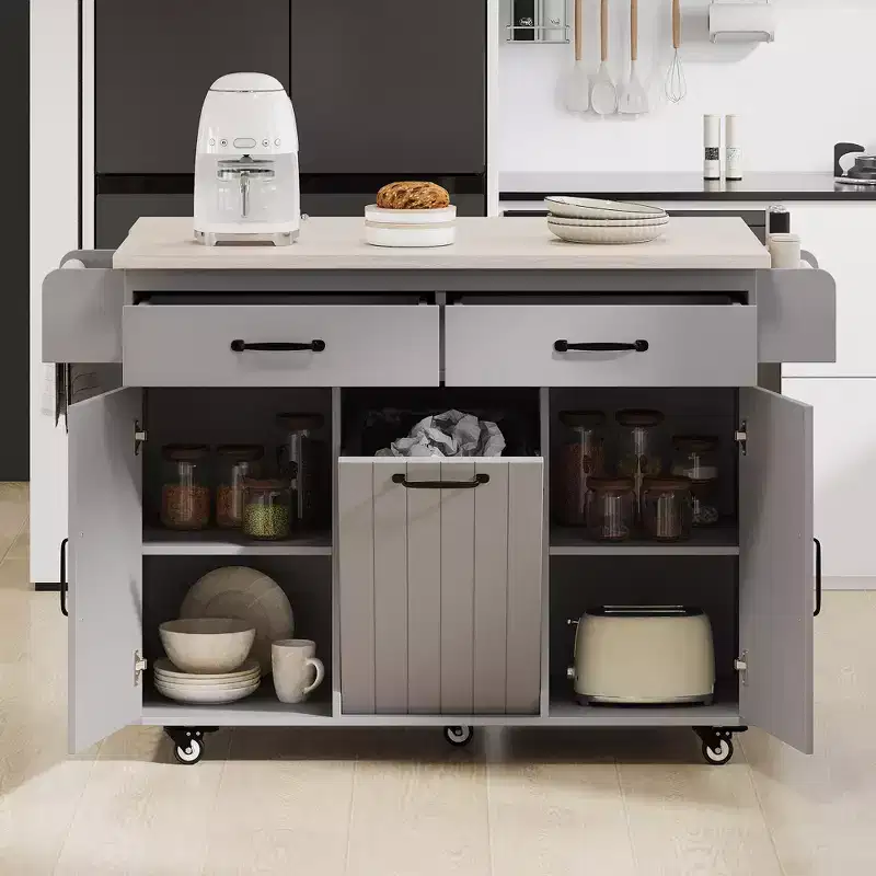 CLIHOME Rolling Kitchen Island with Trash Can Storage Cabinet, Kitchen Cart with Drop Leaf, Spice Rack, Towel Rack and Drawer