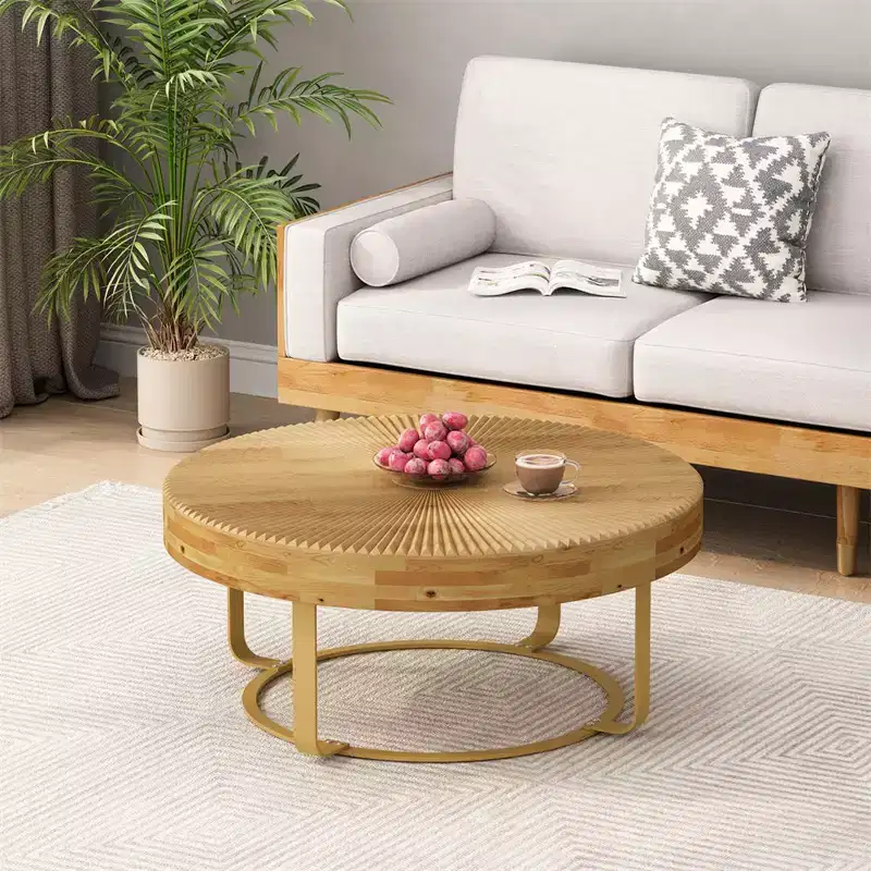Modern Round Coffee Table – Carved Pine Wood Top & Metal Legs, 31.5