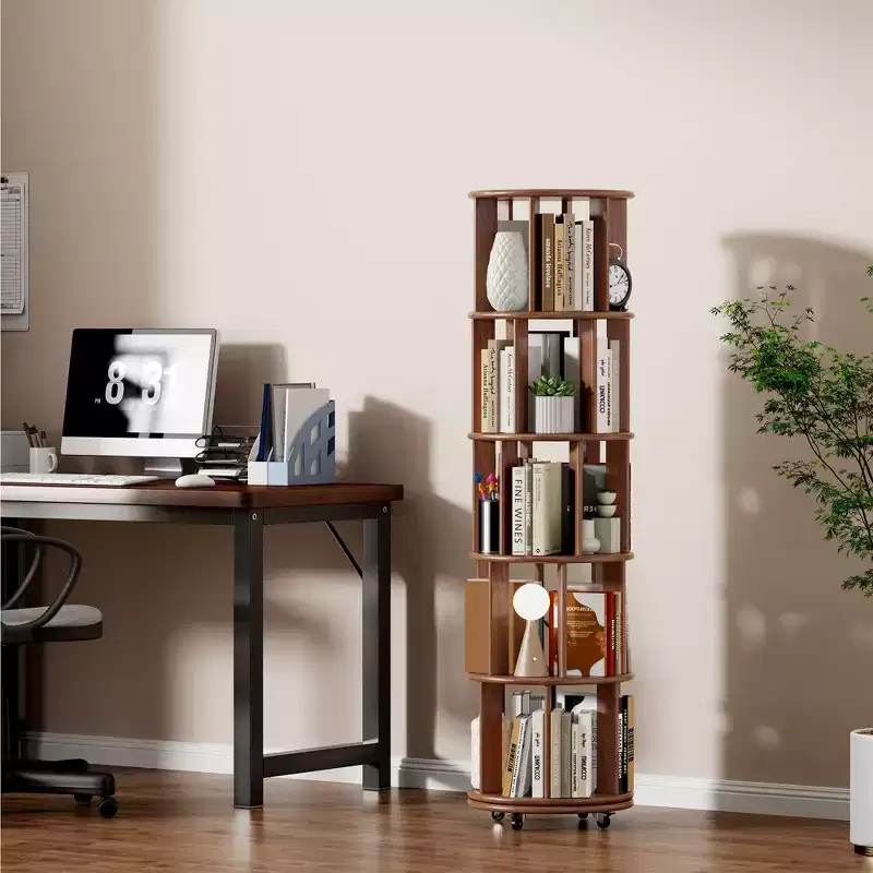 360° Rotating Bookshelf with Wheels, 5-Tier Solid Wood Narrow Bookcase, Display Case, Walnut