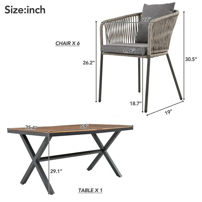 7 Pieces All-Weather Patio Dining Set with Acacia Wood Tabletop and 6 Chairs