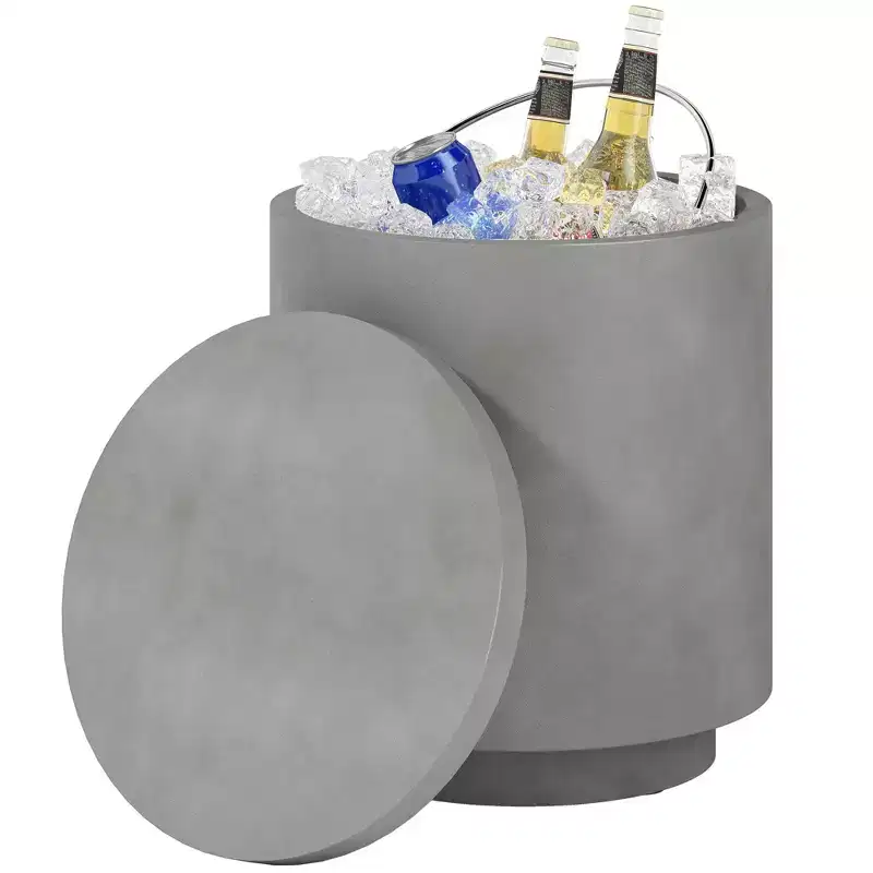 2.6 Gal Outdoor Side Table, 3-In-1 Concrete Cooler Bar Table with Storage, Removable Ice Bucket and Lid