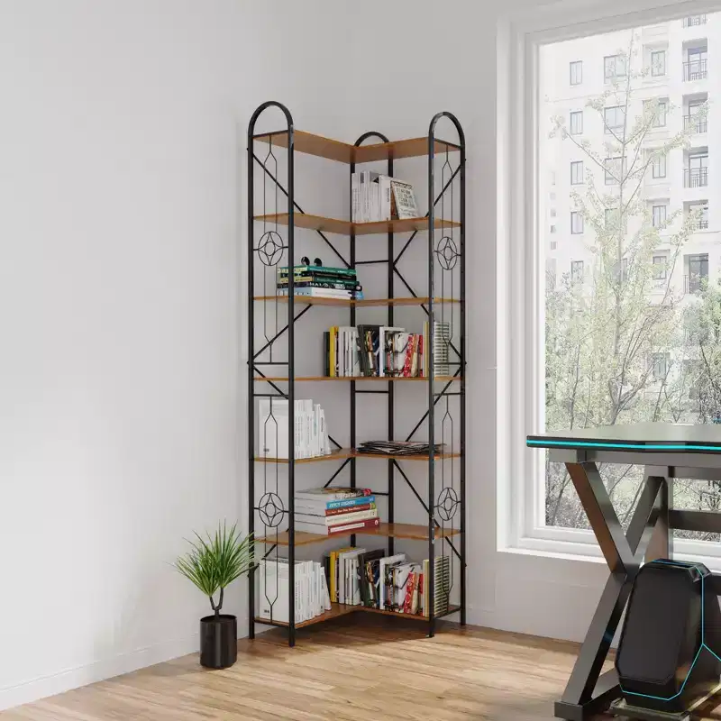 7-Tier Industrial Coner Shelf, Freestanding L Shaped Bookcase, Display Case for Living Room, Bedroom, Office, Brown
