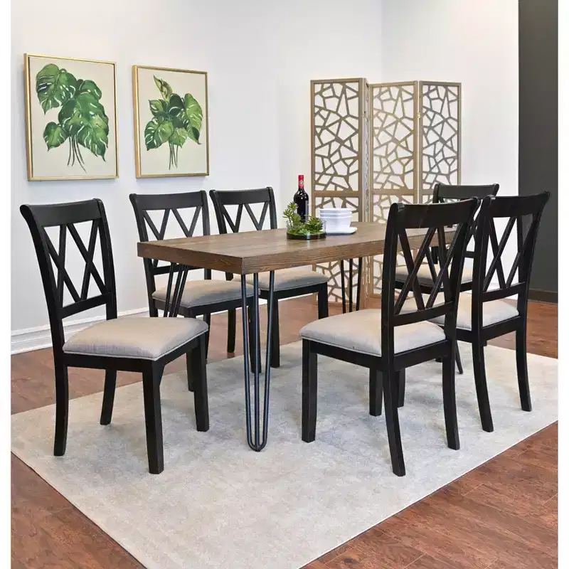 Arroyo 7-Piece Dining Set, Hairpin Dining Table with 6 Cross-back Chairs, Rich Black