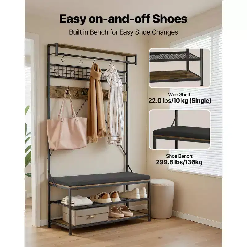 72-Inch Hall Tree Coat Rack with Shoe Bench, 2-Tier Freestanding Shoe Rack, Hooks & Hanging Rod, Brown & Black