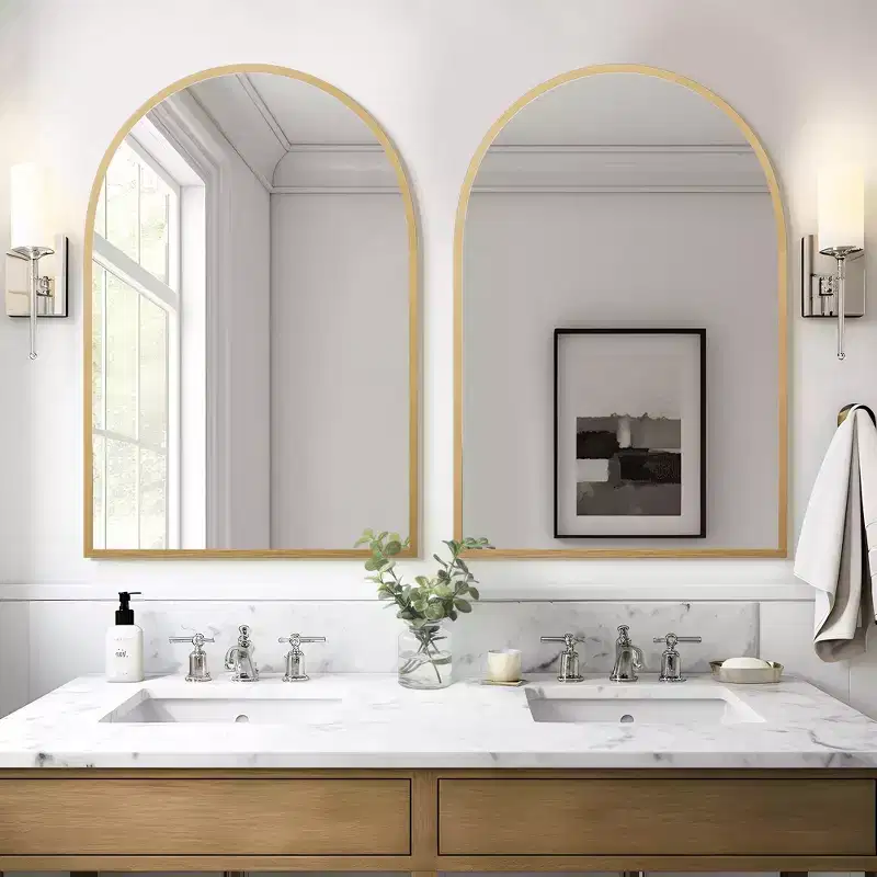 Gold-Colored Arch-Shaped Hanging Mirror with Thin Edge Aluminum Alloy, Right Angle, Double-Sided Installation