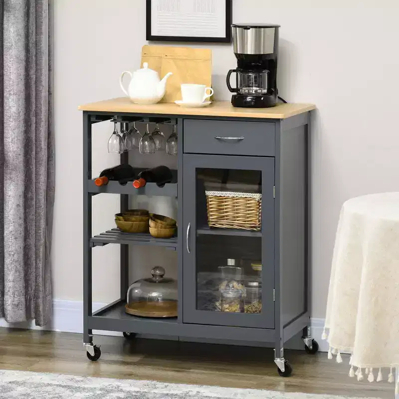 Rolling Kitchen Island Storage Cart – Bamboo Top, Drawer, Cabinet, Shelves & 4 Casters