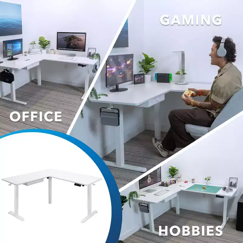 Mount-It! Large Electric Height Adjustable Desk for Corners, Automatic Standing Desk with Smooth Ergonomic Height Adjustment, Steel Frame, White