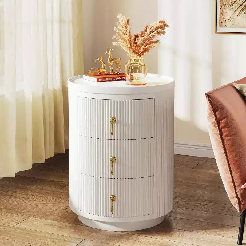 Lantine Nightstand with 3 drawers, no assembly, small round bedside/end table with storage, gold handles, 15.94 D x 15.94 W.