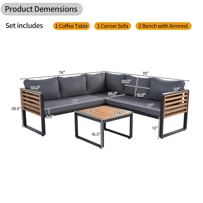 4-Pieces Patio L-shaped Conservation Sofa Set with Coffee Tables