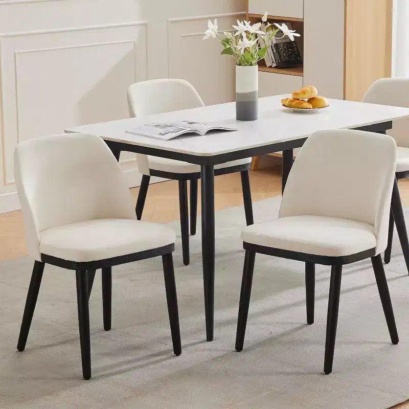 Modern Dining Chair Set of 2, Linen Upholstered Kitchen Chair, Dining Room Chair with Curved Back, Sold Wood Legs, for Kitchen, Dining Room
