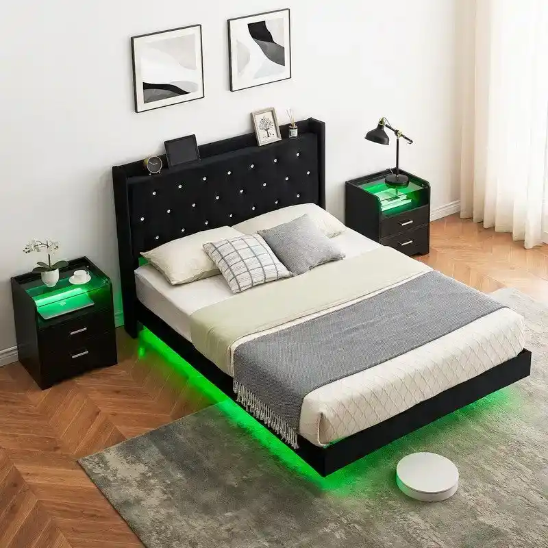 Full Size Floating Bed Frame with LED Lights, No Box Spring Needed