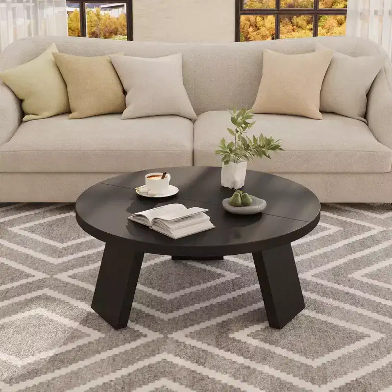 Modern Round Coffee Table for Living Room  33.5 Black Wooden Center Table  3 Sturdy Legs  Space-Saving Accent Cocktail Table